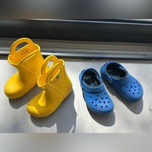 CROCS Kids Yellow Rain Boots and Blue Clogs